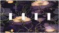 Modern Boho Vintage Gold Purple Dark Floral Modern Abstract Flowers Light Switch Covers Quad Toggle 4 Gang Wall Plate Decorative Switch Plates Electrical Faceplate for Bedroom Living Room Decor