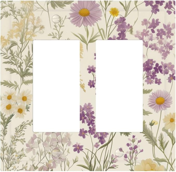 Watercolor Floral Leaves Double Rocker Light Switch Cover Small Purple Flowers Daisies 2 Gang Outlet Covers Switchplates Decorative Electrical Wall Plate for Country Bedroom Living Room Decor