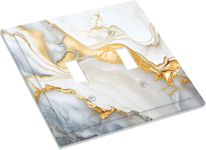 Exquisite White Gold Marble Abstract Luxurious Print Decorative Switch Plates 2 Gang Double Toggle Outlet Light Switch Cover Wall Plate Electrical Faceplate for Bathroom Kitchen Decor