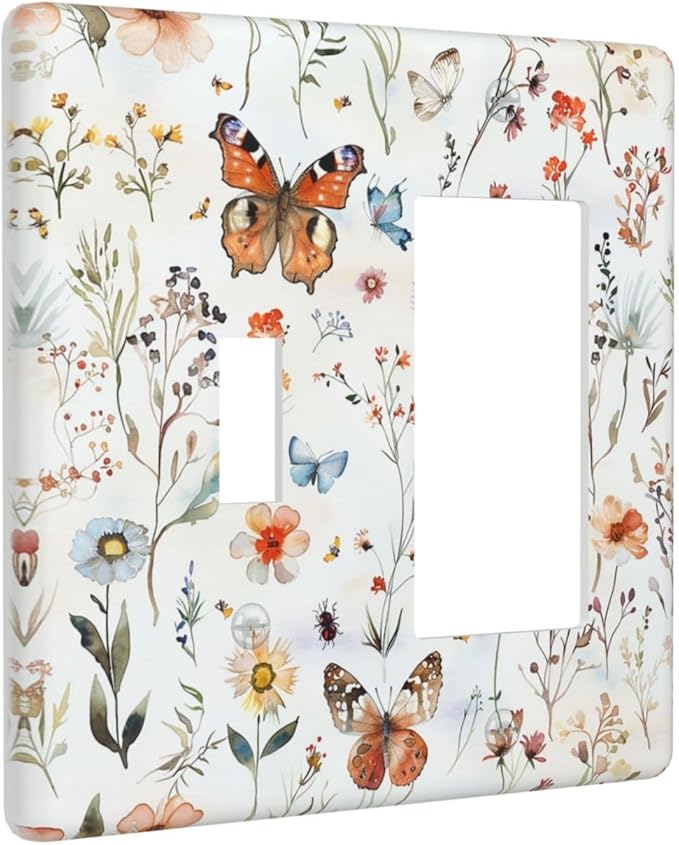 Outlet Covers Butterfly Floral Boho Multicolor Flower Leave 1 Toggle 1 Rocker Combination Decorative Wall Plate Electrical Switch Plates Light Switch Cover Plate for Bed Room living Room