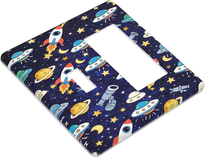 Decorative Outlet Covers Blue Space-themed Rocket Spaceship 2 Gang Light Switch Cover Plate Single Toggle 1 Rocker Wall Plates for Electrical Switch Plate Covers for Children's Room Decor