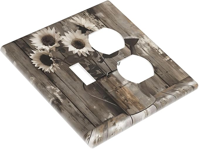 Rustic Floral Country Sunflower Daisy Old Wooden Boards Wallplates 1 Toggle 1 Duplex Switch Plate Electrical GFCI Faceplate Decorative Light Switch Covers for Farmhouse Home Decor