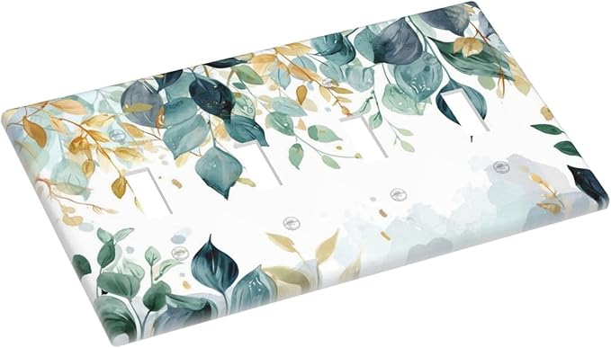 Boho Goldgreen Leaf Botanical Eucalyptus Leaves Light Switch Covers Quad Toggle Electrical Faceplate 4 Gang Wall Plate Decorative Switch Plates for Bedroom Living Room Decor