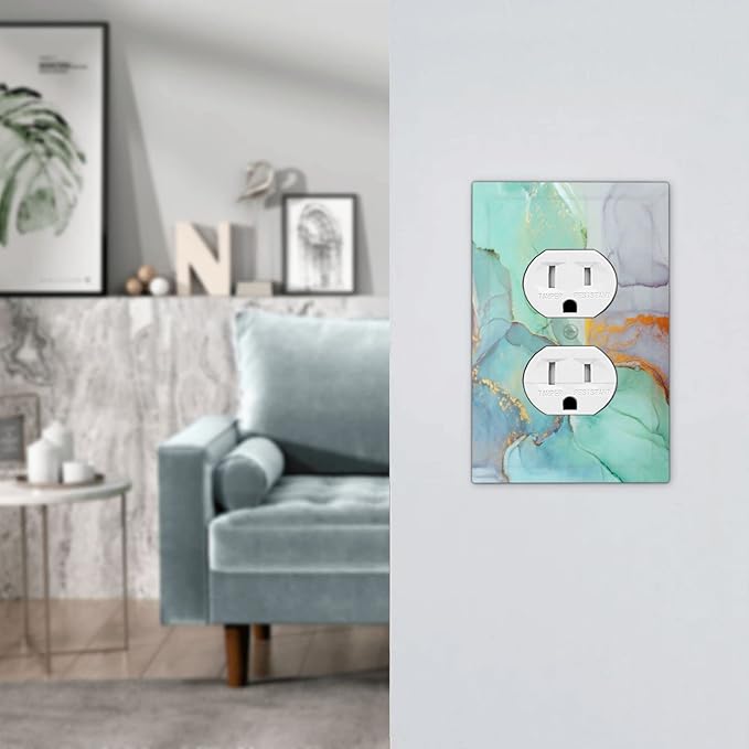 Colourful Marble Watercolor Abstract Ink Paint Blue Green Jade Texture Purple Gold Stripes Outlet Wall Plate Decorative Single Duplex Cover 1 Gang Electrical Receptacle Cover Bathroom Faceplate Green