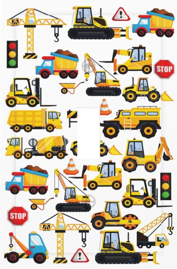 Transport Boys Kids Construction Trucks Cartoon Transportation Car Tractor Vehicles 1 Gang Electrical Single Toggle Device Switch Wall Plate Jumbo Size Decorative Outlet Light Switch Cover Faceplate