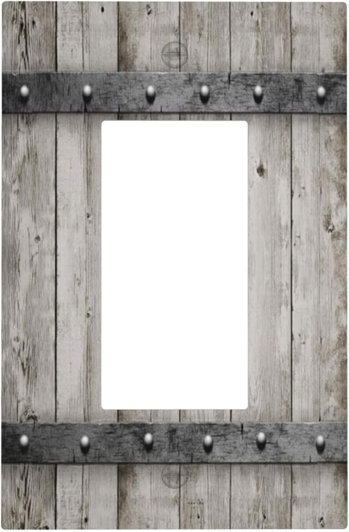 Farmhouse Grey Wood Barn Door Single Rocker Outlet Wall Plate Decorative 1 Gang Decora Electrical Rustic Country Gray Wall Plates Gfci Switchplate Plastic Faceplate for Kitchen Bathroom Home Decor