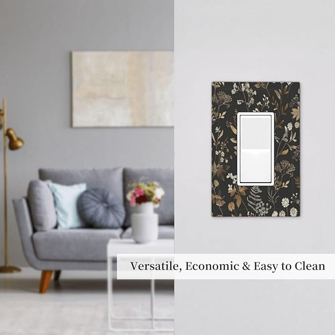Decorative Outlet Covers Black Gold Floral Dark Leaves Vintage Flowers 1 Gang Single Rocker Light Switch Cover Plate Wall Plates GFCI Faceplate for Bed Room Home Decor