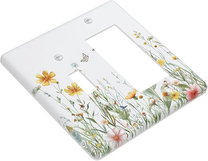 Outlet Covers Rustic Colorful Floral Butterfly Watercolor Flowers 2 Gang Combo Light Switch Cover Plate Toggle Rocker Wallplates Decorative Switch Plates and Outlet Covers for Bathroom Bedroom