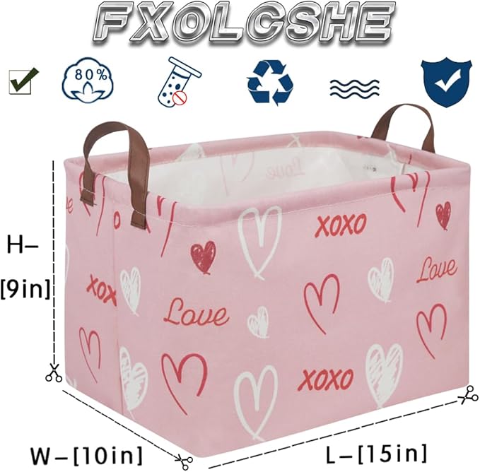 FXOLCSHE Rectangular Girl Pink Basket,XOXO heart gift box,Pink baskets with Handle Organizer,Nursery hamper,Gift baskest,Shelf Basket(XOXO hearts）