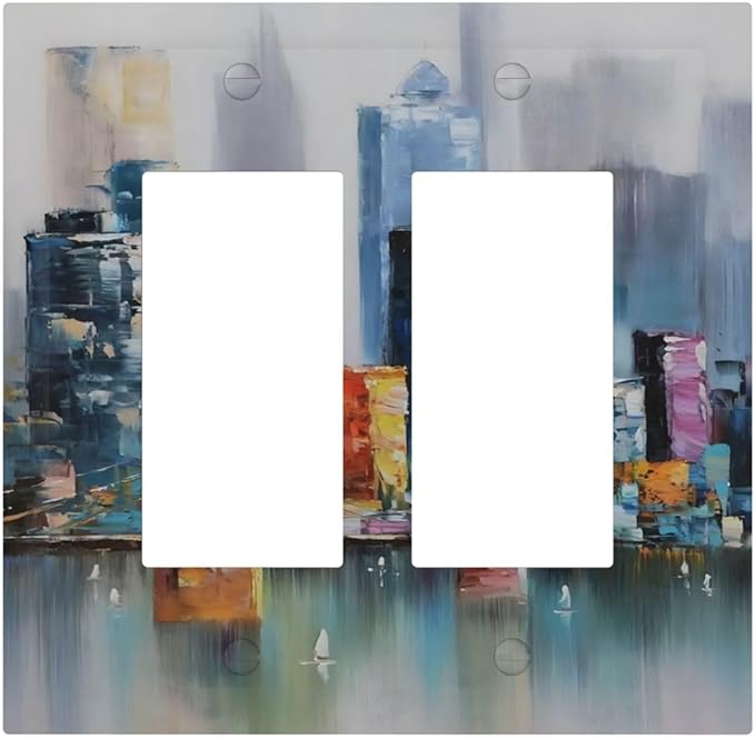 Colorful Nyc Skyline Textured Modern Abstract Decorative Outlet Covers 2 Gang Double GFCI Rocker Electrical Wall Panels Light Switch Cover Plate for Bedroom Living Room Decor