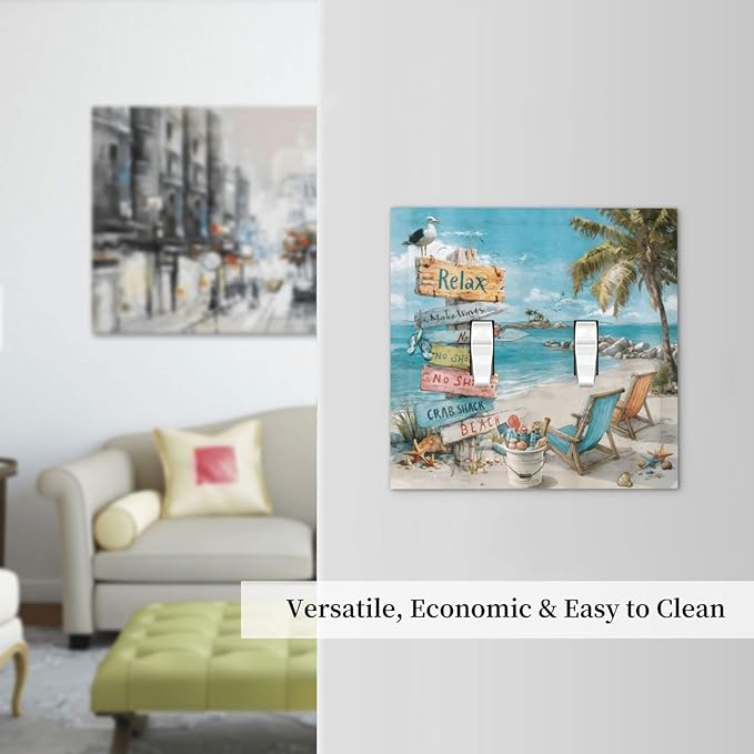 Ocean Beach Tropical Palm Tree Coastal Seaside Decorative Switch Plates 2 Gang Double Toggle Outlet Light Switch Cover Wall Plate Electrical Faceplate for Kids Room Living Room Decor