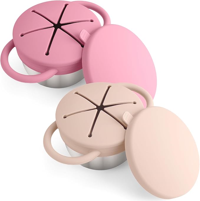 Mity rain Stainless Steel Snack Containers for Toddlers with Spill-Proof Silicone Lids Handles - 3-in-1 Baby Snack Cups, No-Spill Toddler Snack Box (Pink+Yellow, Two piece set)