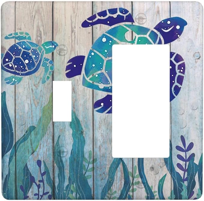 Sea Turtle Grass Seaweed on Rustic Wooden Board 2 Gang Light Switch Cover Decorative Combination Wall Plate Ocean Grass Seaweed Single Toggle Rocker Electrical Faceplate for Kitchen Home Decor