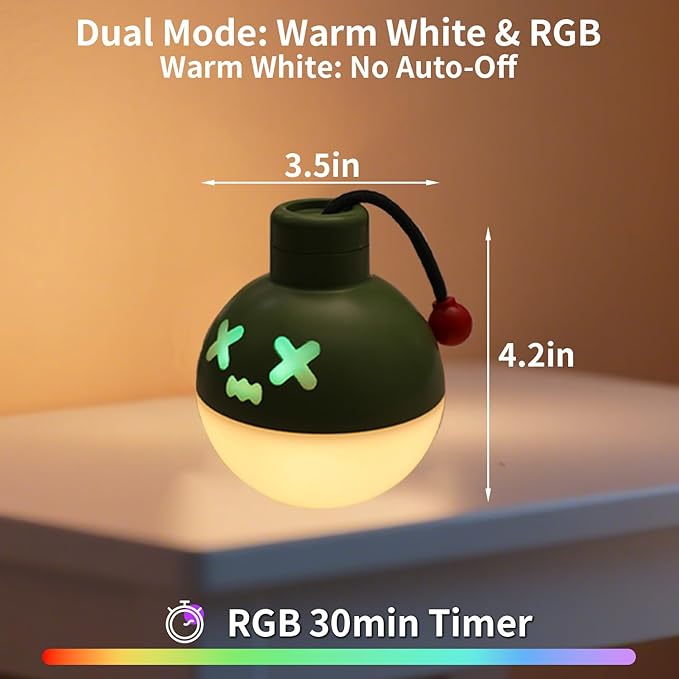 Pull-String Cute Night Light, 7 Color Changing, 30-Min Auto Off, USB-C Rechargeable Cordless Portable Bomb Night Light for Kids Room Bedroom/Camping, Afraid of Dark Indoor Christmas Gift