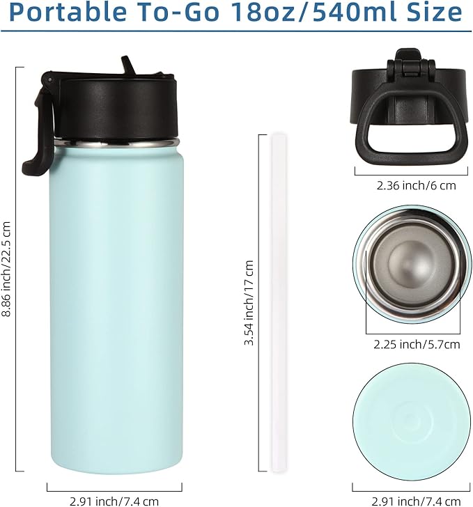 Volhoply 18oz Kids Insulated Water Bottle,Stainless Steel Water Bottles with Straw Lid,Wide Mouth Reusable Metal Water Bottle,Double Wall Vacuum Sports Travel Flask For Cold Drink(Fog,1 Set)