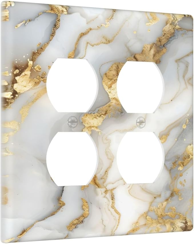 Luxurious White Gold Marble Patterns Abstract Outlet Covers 2 Gang Double Duplex Decorative Light Switch Covers Electrical Wallplates Socket Faceplate for Bathroom Kitchen Decor