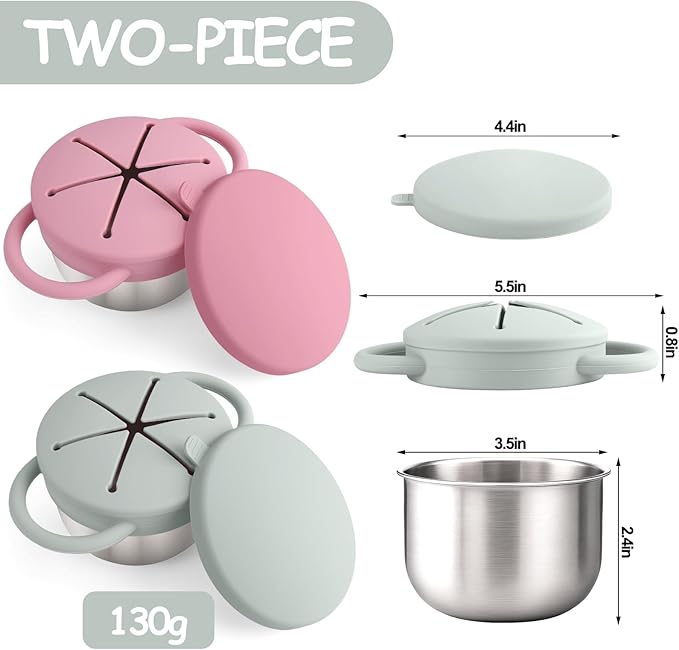 Mity rain Stainless Steel Snack Containers for Toddlers with Spill-Proof Silicone Lids Handles - 3-in-1 Baby Snack Cups, No-Spill Toddler Snack Box (Light Green+Pink, Two piece set)