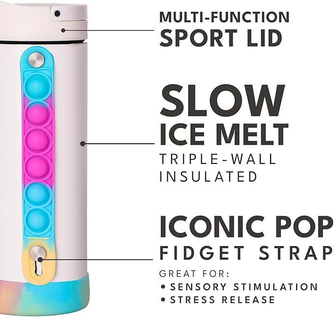 Elemental Iconic Kids Water Bottle for School - 100% Leak-Proof Insulated Water Bottles with Straw Lid & Pop-It Handle for Boys & Girls - Triple-Wall Insulated & BPA-Free, 14oz – White Tie Dye