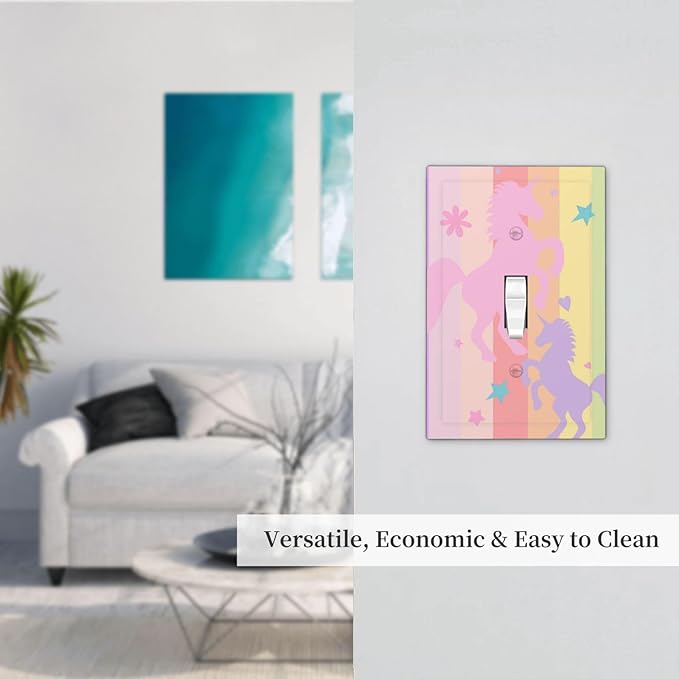 Cute Purple Pink Rainbow Unicorn 1 Gang Light Switch Cover Single Toggle Wall Plate Decorative Electrical Switchplate Covers Faceplate Switchplate for Nursery Girls Boys Room Kids Room Décor