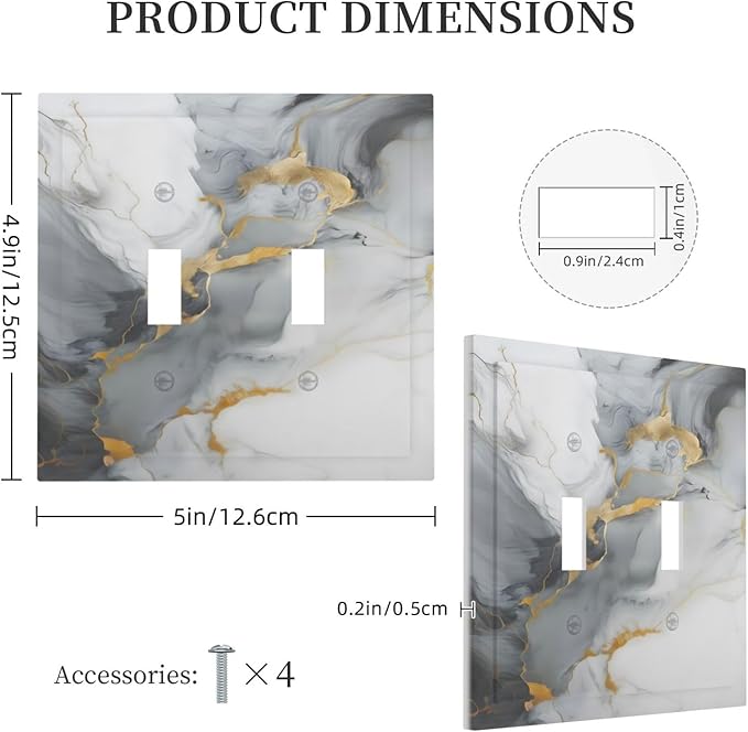 Gold Marble Grey Art Abstract Luxury Print Decorative Switch Plates 2 Gang Double Toggle Outlet Light Switch Cover Wall Plate Electrical Faceplate for Kitchen Bathroom Decor