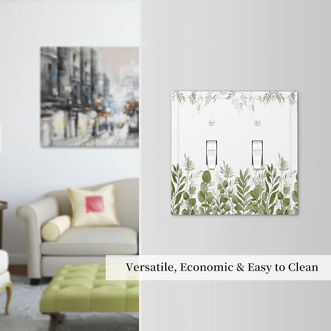 Green Eucalyptus Plant Leaves Vine Decorative Switch Plates 2 Gang Double Toggle Outlet Light Switch Cover Wall Plate Electrical Faceplate for Bed Room Living Room Decor
