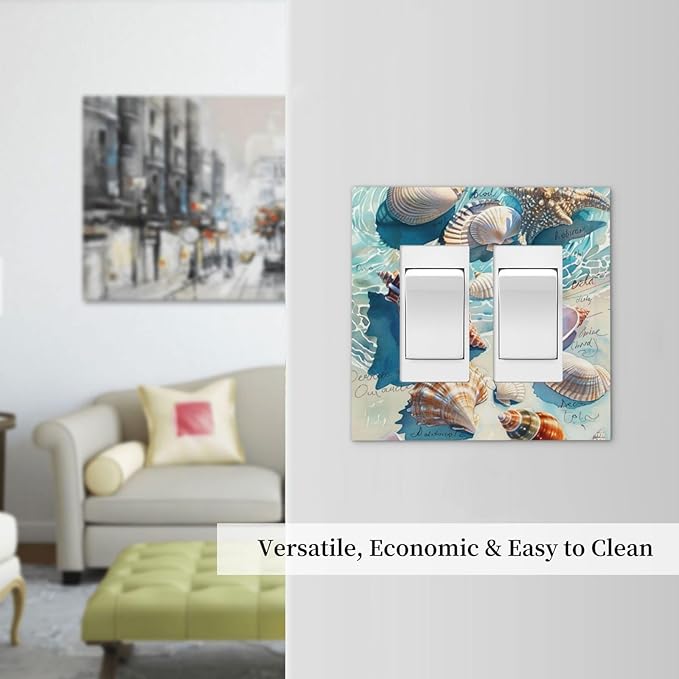 Decorative Outlet Covers Ocean Waves Starfish Conch Scallop Shell 2 Gang Double Gfci Rocker Electrical Wall Panels Light Switch Cover Plate For Kids Room Nursery Decor