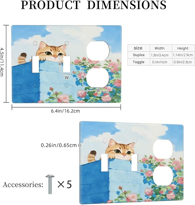 Cat Flower 2 Toggle 1 Duplex Receptacle Outlet Cover Wall Plate Decorative 3 Gang Light Switch Covers Electrical Switchplate Home Decorate Faceplat for Bathroom Bedroom Kitchen Room 4.5 x 6.4 Inch