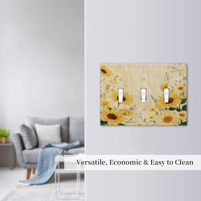 Decorative Switch Plate Cover with Vintage Botanical Sunflower Field Design 3 Gang Artistic Wall Plate Unique Triple Toggle Light Switch Covers for Nature Yellow Blooms Wall Decor