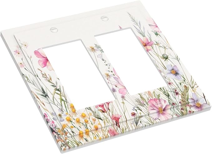 Pink Floral Wild Flowers Watercolor Plants Decorative Outlet Covers 2 Gang Double GFCI Rocker Electrical Wall Panels Light Switch Cover Plate for Bedroom Living Room Decor