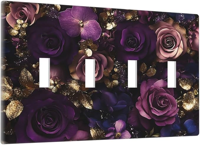 Decorative Switch Plate Cover with Luxurious Purple Roses Gold Accents Leaves Design 4 Gang Artistic Wall Plate Unique Quad Toggle Light Switch Covers for Romantic Bedroom/Living Room Decor