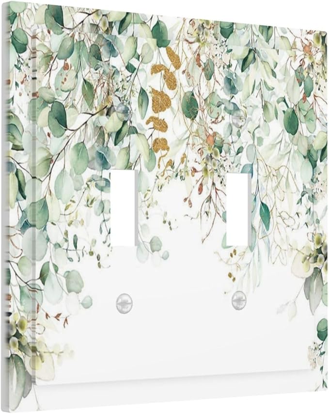 Gold Green Eucalyptus Leaves Plants Flowers Floral Decorative Switch Plates 2 Gang Double Toggle Outlet Light Switch Cover Wall Plate Electrical Faceplate for Bedroom Living Room Decor