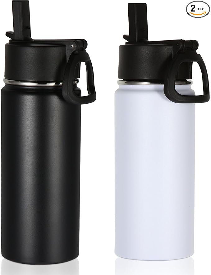 Volhoply 16 OZ Kids Water Bottle Bulk 2 Pack,Insulated Sports Bottles with Straw Lid,Stainless Steel Bottle with Handle Keep Cold & Hot,Double Wall Vacuum Tumbler Cups for School,Girls(Mix, 2)