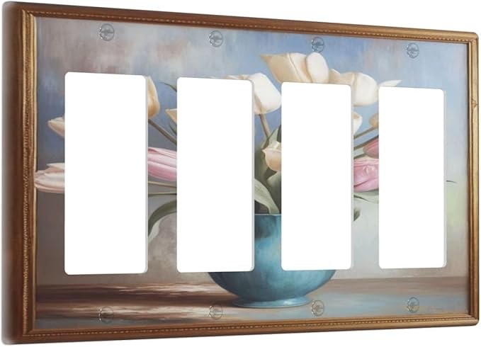 Decorative Art Light Switch Covers Tulips In Vase 4 Gang Rocker Decora Outlet Covers Electrical Faceplate GFCI Wall Plate for Home Decor
