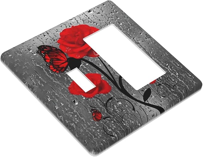 Butterfly Red Rose Flower 2 Gang Single Toggle/Rocker Combination Light Switch Cover Decorative Wall Plate Faceplate Girls Bathroom Bedroom Decorate 4.5" x 4.5