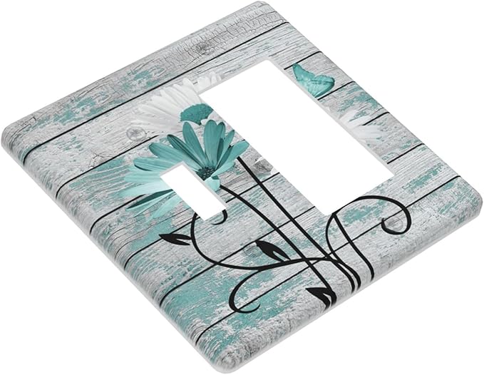 Teal White Daisy Flower Butterfly On Rustic Wood Board Outlet Covers 1 Toggle 1 Rocker Combination Decorative Wall Plate Electrical Switch Plates Light Switch Cover Plate for Farmhouse Bedroom Decor