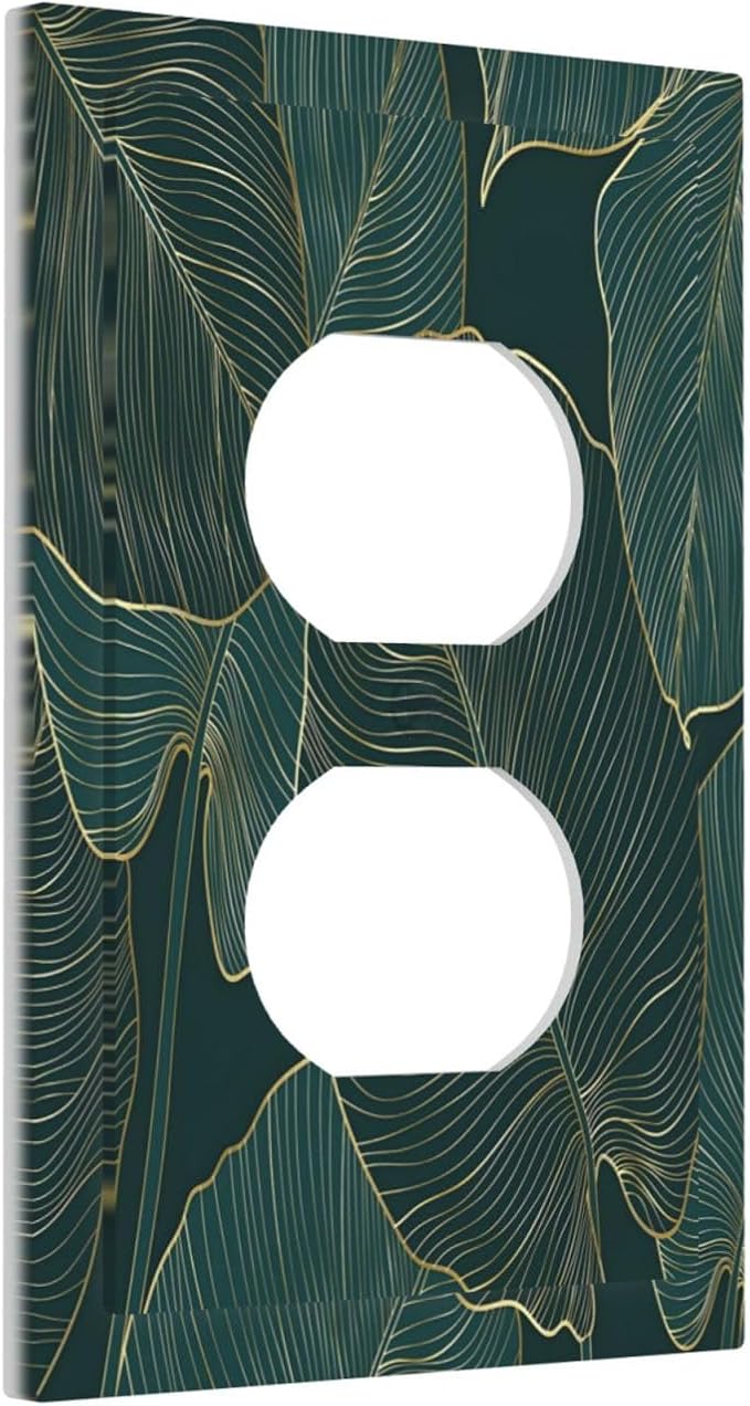 Gold Tropical Green Botanical Palm Leaves Outlet Covers 1 Gang Duplex Light Switch Cover Decorative Switch Plates Electrical Receptacle Faceplate Wall Plate for Bedroom Living Room Decor