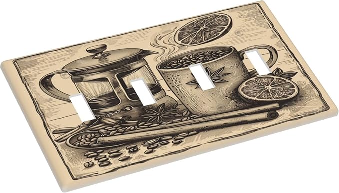Light Switch Cover Plate Beige Vintage Rustic Coffee Beans Spice 4 Gang Quad Toggle Decorative Switch Plates Electrical Wall Plates Faceplate for Kitchen Coffee Bar Decor