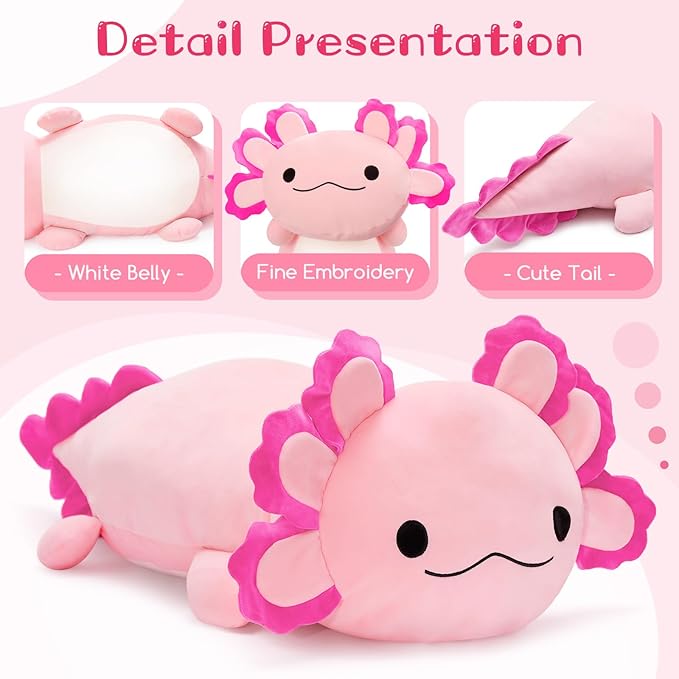 BENINY 39-Inch Giant Hot Pink Axolotl Plush Pillow - Extra Soft Huggable Stuffed Animal, Big Cuddly Toy Gift for Girls & Kids, Holiday Birthday