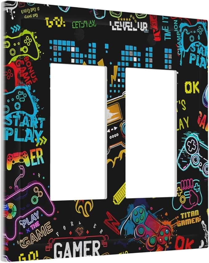 Gamer Video Game Themed Cool Controller Print Decorative Outlet Covers 2 Gang Double GFCI Rocker Electrical Wall Panels Light Switch Cover Plate for Kids Room Office Decor