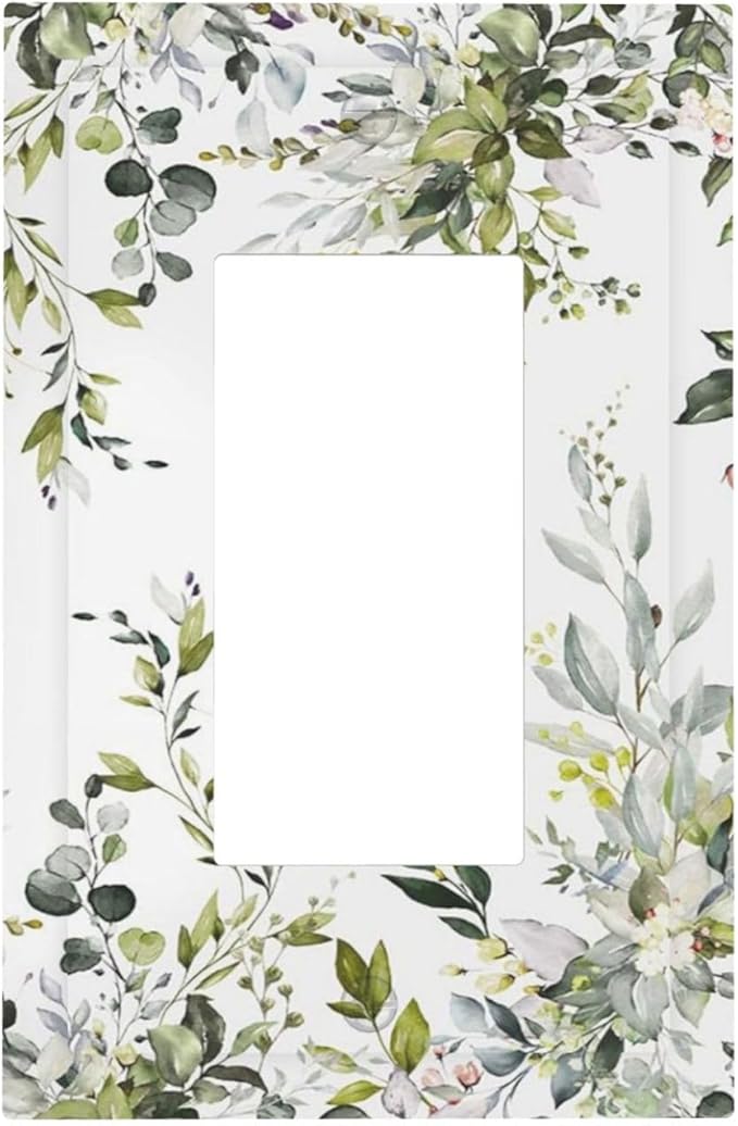 Eucalyptus Sage Green Leaf Plant Floral Decorative Outlet Covers 1 Gang Single Rocker Light Switch Cover Plate Wall Plates GFCI Faceplate for Bedroom Living Room Decor
