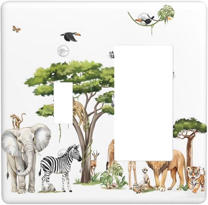 Large Animals Elephant Giraffe Jungle Lion Leopard Zebra Outlet Covers 1 Toggle 1 Rocker Combination Decorative Wall Plate Electrical Switch Plates Light Switch Cover Plate for Kids Room Nursery Decor