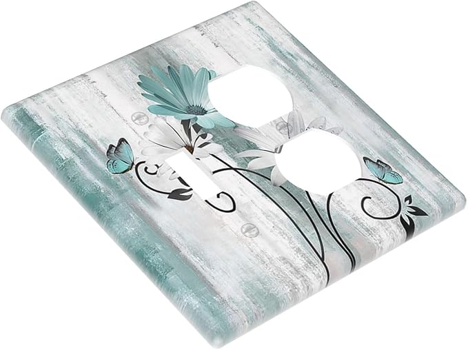 Teal Daisy Vintage Flower Butterfly Rustic Wood Print Wallplates 1 Toggle 1 Duplex Switch Plate Electrical GFCI Faceplate Decorative Light Switch Covers for Farmhouse Home Decor