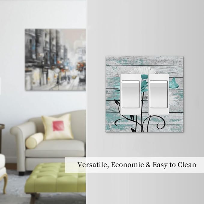 Teal White Daisy Flower Butterfly On Rustic Wood Board Decorative Outlet Covers 2 Gang Double GFCI Rocker Electrical Wall Panels Light Switch Cover Plate for Farmhouse Bedroom Decor