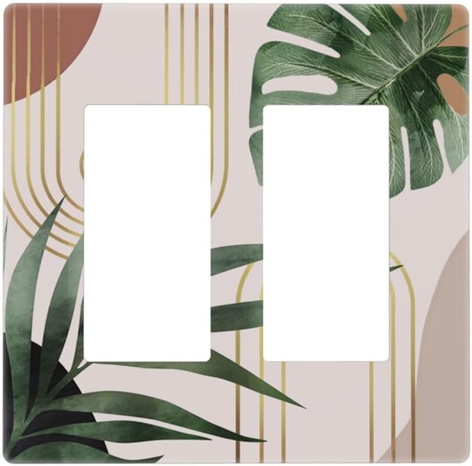 1970s Boho Mid Century Sun Bohemian Palm Leaf Minimalist Abstract Art 2 Gang Screwless Double GFCI Decorator/Rocker Outlet Light Switch Wall Plate Covers Decorative Dual Device Receptacle Faceplate