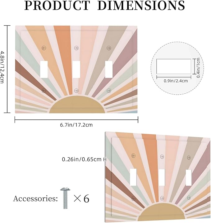 Boho Sun Rainbow Retro Aesthetic Abstract Art Sunrise Sunset Decorative Switch Plates 3 Gang Wall Plate Triple Toggle Light Switch Cover Faceplate Electrical Wall Panels for Kids Room Bedroom Decor