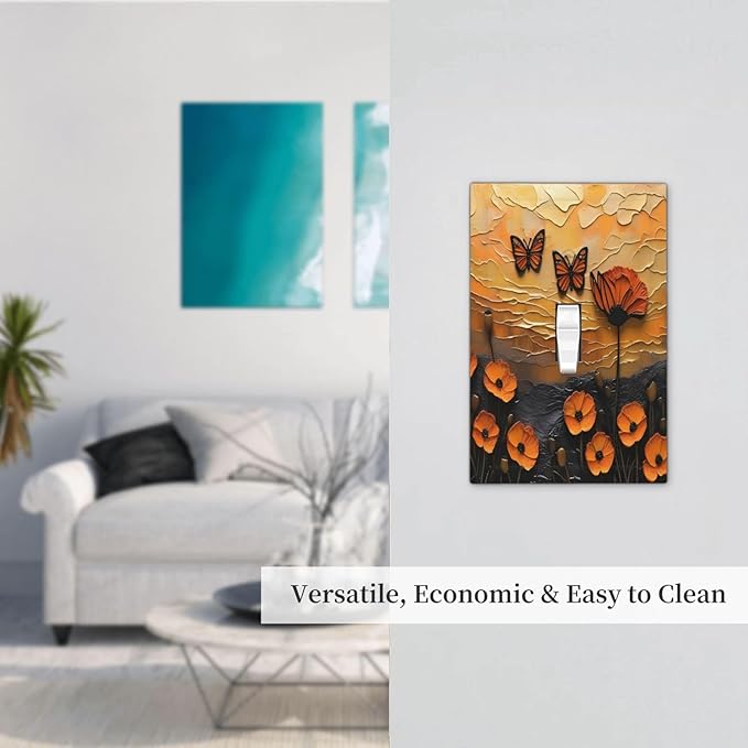 Oil Painting Flower Sunset Butterfly Vintage Rustic Floral Decorative Light Switch Cover 1 Gang Single Toggle Device Electrical Faceplate Switchplates Decorator Outlet Wall Plate for Bedroom Home