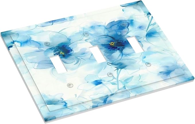 Watercolor Flower Blue White Large Floral Leaf Plants Decorative Switch Plates 3 Gang Wall Plate Triple Toggle Light Switch Cover Faceplate Electrical Wall Panels for Bedroom Living Room Decor