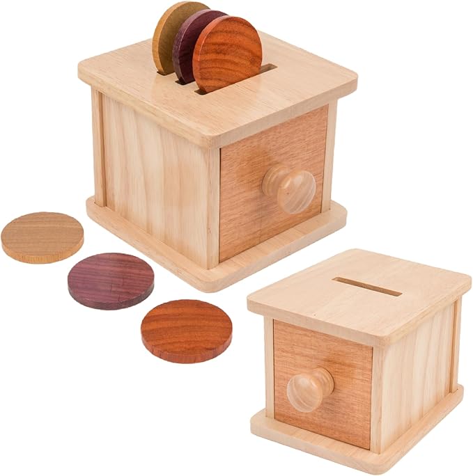 Adena Montessori Coin Box -Natural Wood Double-Sided Object Permanence Box Toy for 1-Year-Old Babies, Wooden Montessori Developmental Toy for 6-12 Month, Early Learning Gift