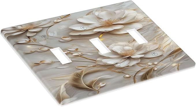 Decorative Art Light Switch Covers Elegant White and Gold Florals 3 Gang Triple Toggle Wall Plate Decorative Switch plate Electrical Faceplate for Home Decor