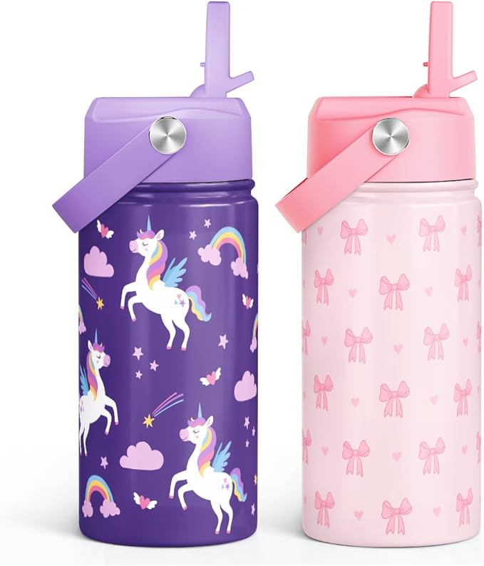 Kid Water Bottle 12oz with Straw Lid - 2-Pack Insulated Stainless Steel Water Bottles for Kids Girls - Travel Cup for Back to School Sports Christmas Birthday (Bow & Unicorn)